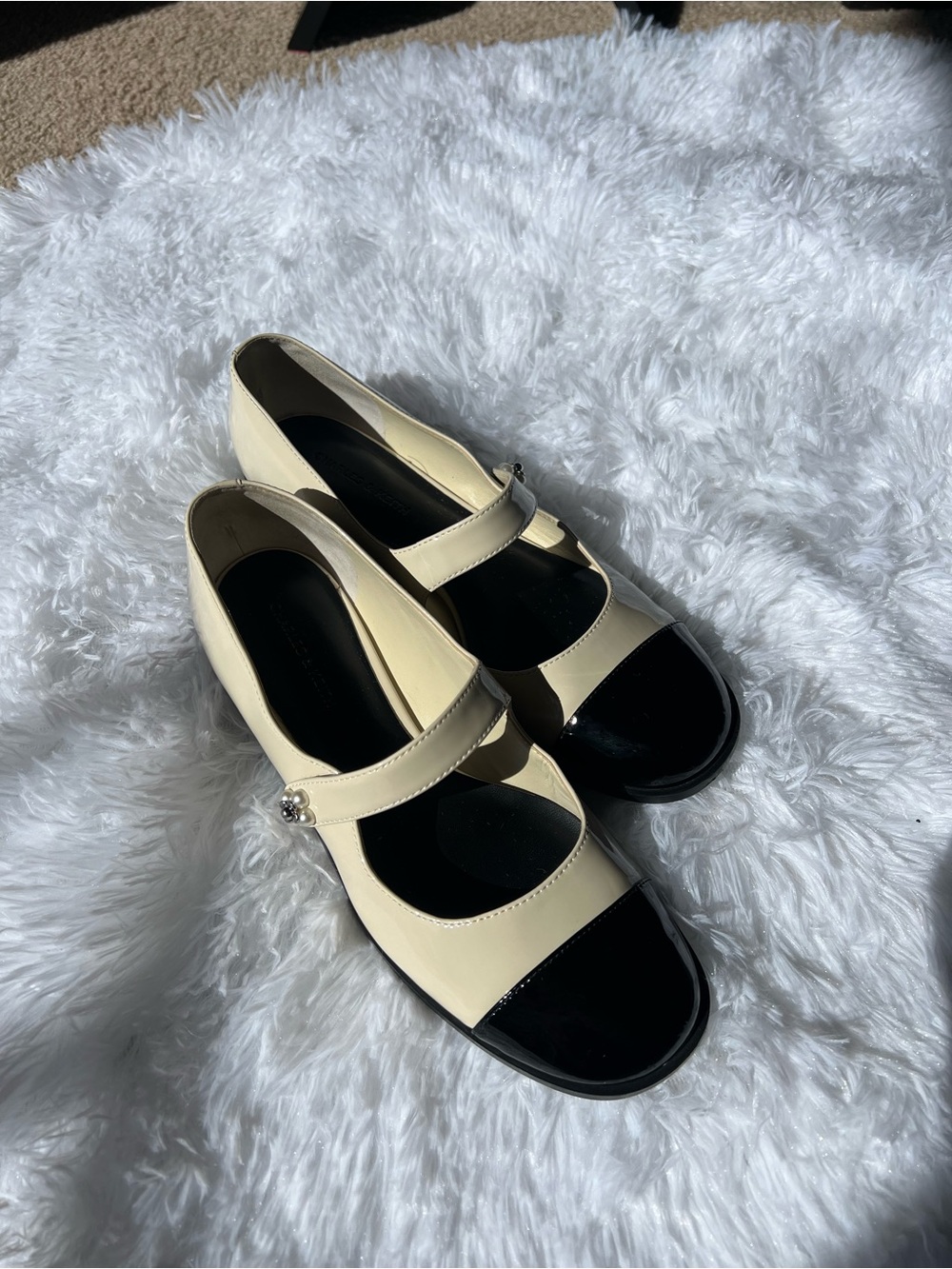 Charles & Keith EUC Patent Pearl-Embellished Flower-Buckle Cap-Toe Mary Janes
